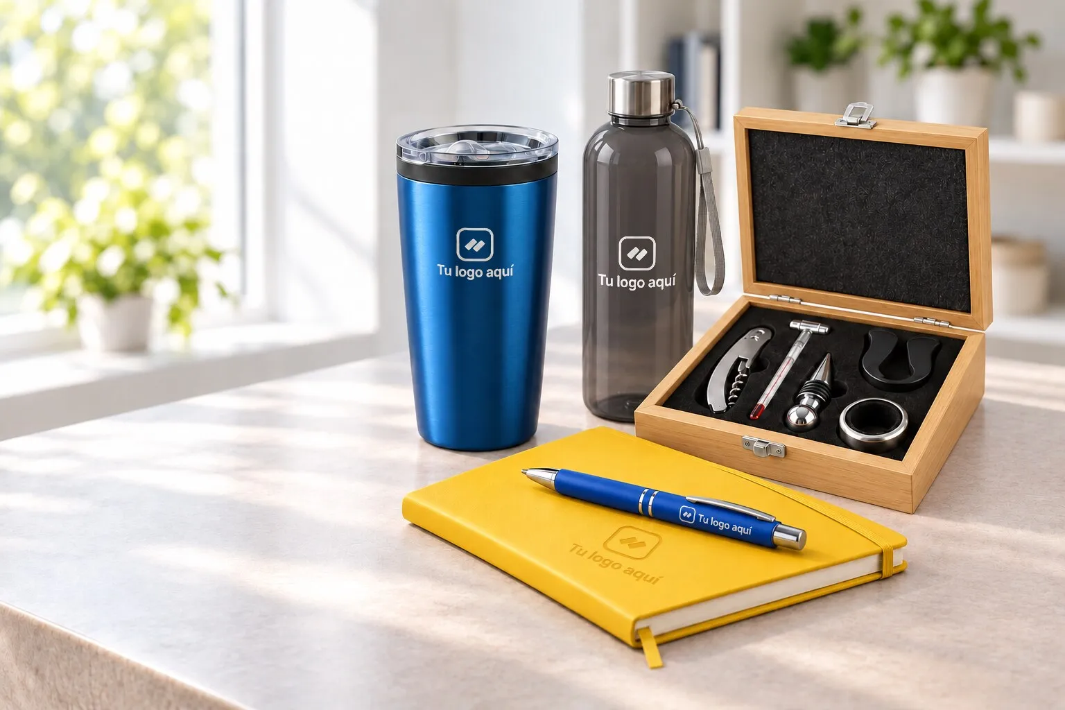 Termo, libreta y bolígrafo azul marino con el texto “Tu logo aquí” grabado como ejemplo de personalización